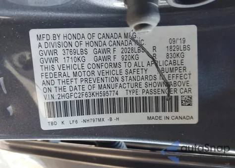 2019 Honda Civic Lx z USA, uszkodzony, nr VIN 2HGFC2F63KH595774